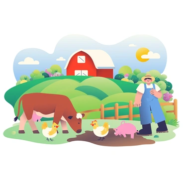 A lush farm is filled with vibrant green fields and rows of colorful crops. Happy animals are scattered throughout the landscape: a brown cow grazes peacefully near a wooden fence, a group of chickens with golden and white feathers pecks at the ground in search of food, and a pair of playful pigs is rolling in the mud. In the background, there is a red barn with a white roof that contrasts with the greenery. A farmer, wearing a straw hat and overalls, is gently tending to a vegetable patch. The sun is shining bright in a clear blue sky, casting soft shadows on the ground, highlighting the thriving environment.
