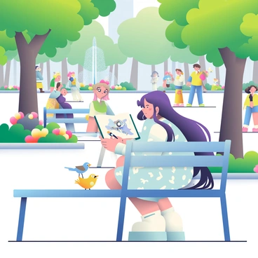 An anime girl with long, flowing purple hair is sitting on a park bench in a bustling city park. She is wearing a light blue dress with white patterns. In her hands, she holds a sketchbook open, and she is focused on drawing with a black pencil. Around her, there are people walking by, some with dogs, and others chatting on benches. Tall trees with vibrant green leaves provide shade, and there are colorful flower beds nearby. A small fountain can be seen in the background, with water splashing gently. A couple of birds are perched on the bench next to her, curiously looking at her sketchbook.