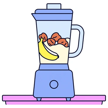 A blender with a transparent container is filled with a mixture of whole almonds, ripe bananas cut into slices, and a splash of creamy milk. The blender sits on a kitchen counter with the power button visible, indicating that it is ready to blend. The background features a light-colored countertop, enhancing the focus on the blender and its colorful ingredients.