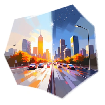 A cityscape captured in a dramatic split view, with one half bathed in bright daylight and the other half immersed in the tranquil glow of night. The daylight side features tall skyscrapers and bustling streets filled with vehicles and pedestrians, illuminated by the sun’s rays. In contrast, the night side displays twinkling stars scattered across a deep blue sky, with the city buildings softly lit by street lamps and moonlight. The transition between day and night is visible in the middle, showcasing a gradient effect that highlights the beauty of both times of day.