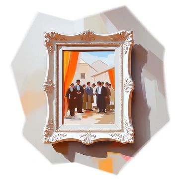 An ornate photo frame displaying a sepia-toned historical moment