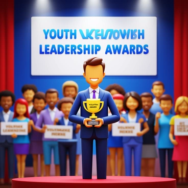 A young person standing on a stage, smiling brightly while holding a "youth leadership award" trophy. The individual is wearing formal attire, with a neat hairstyle. Around them, a diverse audience is clapping and cheering, some holding banners of support. The backdrop features a large banner that reads "Youth Leadership Awards" in bold letters. Bright stage lights illuminate the scene, highlighting the moment of achievement and celebration.