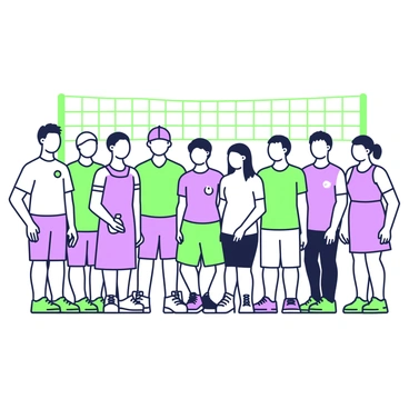 A diverse community of pickleball players is posing together for a group photo after a match. The players include men and women of various ages and ethnic backgrounds, all dressed in athletic attire suitable for sports. Some players are wearing colorful shirts and shorts, while others are in matching team uniforms. They are standing in a semi-circle, with smiles on their faces, showing a sense of camaraderie and achievement. In the foreground, a pickleball paddle and a ball rest on the ground, indicating the sport they just played. The background features a pickleball court with a net and lines marking the playing area.