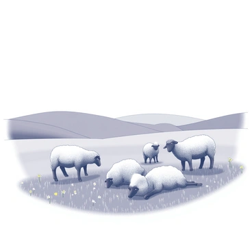 A pasture featuring several sheep grazing peacefully on lush grass. The sheep have varying wool textures and sizes, some standing while others are lying down. The landscape is open and expansive, with gentle rolling hills in the background. The sky above is clear, allowing for a bright, natural light to illuminate the scene. There are a few scattered wildflowers dotting the grass, adding to the pastoral setting.