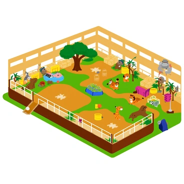 The inside of the ark features spacious animal enclosures filled with various animals. On one side, there is a large enclosure with "zebras" grazing next to "giraffes" reaching for leaves. Nearby, a separate area contains "lions" lounging in the shade of a large tree. 

In another section, a vibrant arrangement of "birds" fills the air, perched on their brightly colored branches. On one side, there are "storage areas" stacked with hay bales and barrels, organized neatly along the walls. 

Natural light spills in through large windows, illuminating the different enclosures and creating a warm atmosphere. Each animal's habitat is designed to reflect their natural environment, with plenty of space for them to roam.