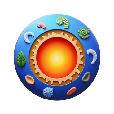 A cross-section of the Earth's layers, showcasing the core, mantle, and crust. The crust is detailed with various fossils embedded within, displaying a range of shapes and sizes. The mantle and core are shown in contrasting colors to highlight their depth. The fossils include examples like ammonites, trilobites, and leaf impressions, providing a rich visual texture.