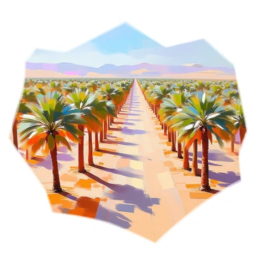 An aerial view of a vast date palm grove featuring numerous rows of tall, slender date palm trees with lush green fronds. The trees are arranged in neat, linear patterns, creating a harmonious structure across the landscape. Sandy paths wind between the rows of palms, leading to different sections of the grove. The sandy ground reflects the warm sunlight, enhancing the vibrant colors of the greenery. In the distance, the layout of the grove stretches toward the horizon under a clear blue sky.
