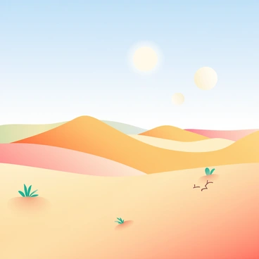 A vast desert landscape stretches across the scene, featuring rolling sand dunes that ripple softly in the heat. The dunes are a warm golden color, casting long shadows as they undulate across the horizon. Above, a bright sun blazes in a clear blue sky, creating a stark contrast against the golden sands. The ground is scattered with small patches of dry, cracked earth, and a few sparse tufts of hardy vegetation can be seen struggling to survive in the harsh conditions.