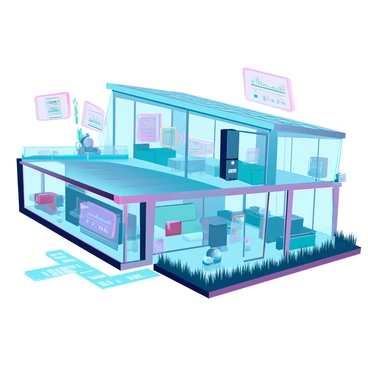 A sleek, modern smart home with a smooth exterior made of glass and metal. The house has large windows displaying a bright, open interior filled with minimalist furniture. Various interconnected devices, such as a smart refrigerator, a robotic vacuum, and smart lighting, are visible throughout the space. Holographic displays show data sharing between devices, with vibrant digital graphs and information streams floating in the air. Outside, a landscaped garden has automated watering systems and solar panels integrated into the roof. The overall design emphasizes a seamless integration of technology into everyday living.
