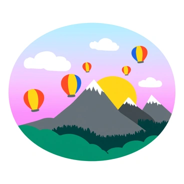 A colorful array of hot air balloons is rising above a majestic mountain range. The balloons feature bright patterns in red, yellow, and blue. The sun is just beginning to illuminate the peaks of the mountains, casting a warm golden light. The sky is a soft gradient of pastel colors, transitioning from dark blue at the top to light pink near the horizon. Some fluffy white clouds float gently in the sky, enhancing the tranquil morning scene. The mountains are detailed with rocky textures and patches of green foliage.