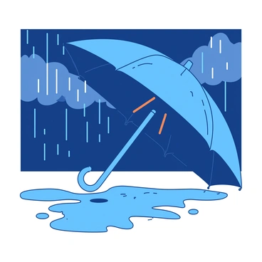 An umbrella with spokes poking through its fabric in a rainstorm
