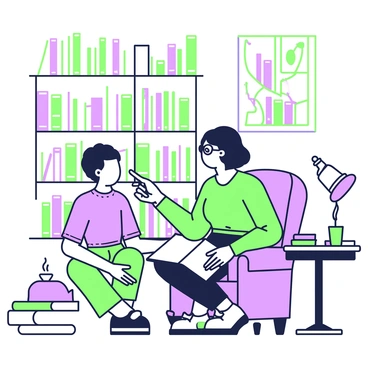 A tutor and a student are seated together in a cozy library corner, surrounded by tall bookshelves filled with books. The tutor, a woman with curly hair, is wearing glasses and is pointing at a book on her lap while explaining concepts. The student, a young boy with short hair, is attentively looking at the book, holding a pencil and a notepad in his hands. A warm light from a nearby reading lamp casts soft shadows, enhancing the inviting atmosphere of the space. A plush armchair is in the background, and a small table nearby holds an open book and a steaming cup.