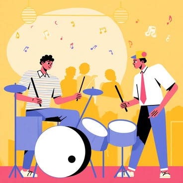 Two jazz drummers are performing together on stage in a cozy jazz club. The first drummer has curly hair and is wearing a striped shirt, focusing intently on his drum kit. The second drummer has a flat cap and a bright red tie, energetically playing a set of shiny drums. Surrounding them, floating musical notes in various sizes and shapes dance through the air, creating a lively atmosphere. The club is warmly lit, with wooden tables and patrons enjoying the performance in the background.