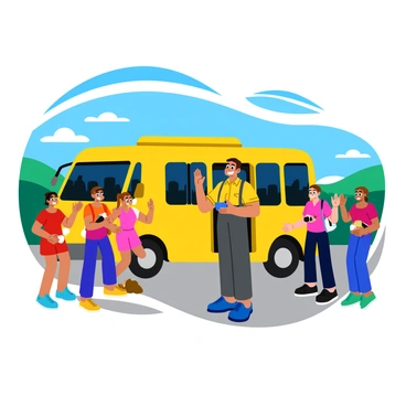 A tour bus driver stands proudly in front of a bright yellow tour bus, smiling broadly. Surrounding the driver are several happy tourists of diverse backgrounds, all posing enthusiastically for the photo. The tourists are wearing colorful summer clothing, with some holding cameras and others waving. The bus is parked on a sunny day with a clear blue sky above. In the background, there are hints of a scenic landscape with rolling hills and trees, adding to the cheerful atmosphere of the moment.