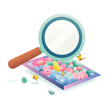 A large magnifying glass with a wooden handle is hovering over a colorful illustration filled with intricate details. The glass is reflecting light as it focuses on small elements of the artwork. Beneath the magnifying glass, vibrant flowers in shades of pink, blue, and yellow are visible, featuring delicate patterns on their petals. There are tiny insects, such as a yellow butterfly and a green ladybug, among the flowers, adding to the liveliness of the scene. The background consists of soft, gradient colors that blend seamlessly, enhancing the focus on the magnifying glass and the details it reveals.