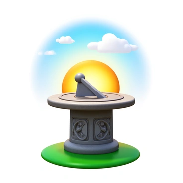 An ancient stone sundial with intricate carvings and a weathered surface is positioned on grassy ground. The sundial features a gnomon casting a distinct shadow. The sunlight illuminates the surrounding area, highlighting the details of the sundial. The sky displays a gradient of colors as the sun moves across it, with soft clouds scattered throughout.