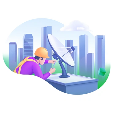 A technician wearing a safety harness and a hard hat is installing a satellite dish on a rooftop. The technician is using a screwdriver, focusing on securing the dish to the mounting bracket. In the background, a city skyline features tall buildings with varying designs, including glass facades and modern architecture. The sky above is a clear blue, and there are a few clouds scattered. The scene conveys a sense of urban life and technical expertise.