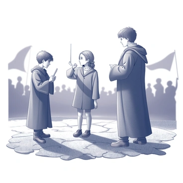 Three young wizards stand poised in a rugged arena, ready to compete in the Triwizard Tournament. The first participant, a boy with tousled hair, grips his wand tightly, his expression focused and determined. The second participant, a girl with braided hair, stands beside him, her wand raised slightly in anticipation, her eyes scanning the surroundings. The third participant, a tall boy with a confident stance, leans forward, preparing for the challenge ahead. The atmosphere is charged with tension, as spectators, blurred in the background, eagerly await the start of the competition. The ground is uneven and rocky, with banners fluttering in the wind, adding to the sense of excitement and challenge in the air.