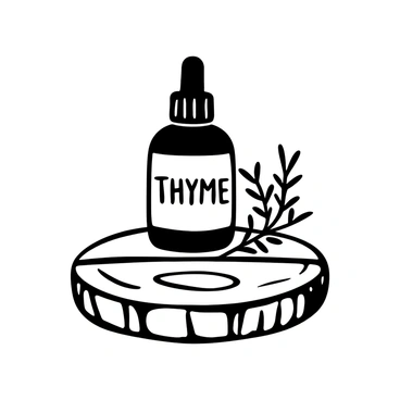 A bottle labeled "Thyme Essential Oil" placed upright on a rustic wooden surface. Nearby, a few sprigs of fresh thyme are nestled next to the bottle, displaying their delicate leaves. The bottle has a dark, sleek design, contrasting with the natural texture of the wood. The setting creates an inviting atmosphere of herbal wellness.
