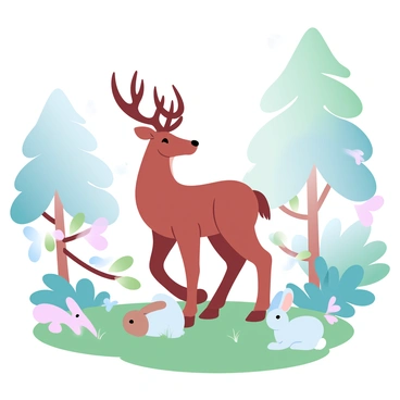 A deer with elegant antlers stands gracefully in a sunlit forest clearing. Nearby, a group of rabbits is playfully hopping around, their fur blending with the shades of the grass. Colorful birds are perched on low branches of trees, surrounded by lush greenery. Soft rays of sunlight filter through the leaves, creating a gentle glow over the scene. The forest background features tall trees with varying shades of green, complementing the vibrant colors of the animals.