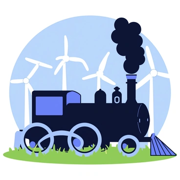 An old steam engine with a shiny black exterior is positioned prominently in the foreground. The engine features large, circular wheels and intricate piping details. It is spewing thick black smoke from its chimney, which billows upward into the sky. In the background, there are several tall wind turbines with white blades spinning against a clear blue sky. The turbines stand in contrast to the steam engine, highlighting the blend of old and new technologies. The ground around the steam engine is covered with green grass, enhancing the vibrant scene.