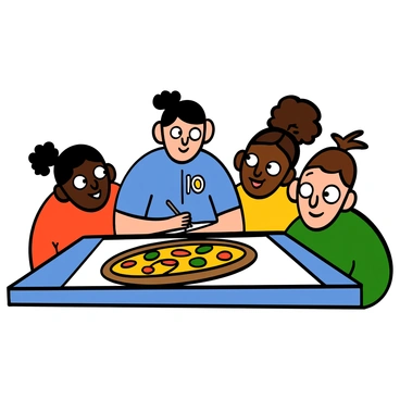 A player with light skin and short, tousled black hair is sitting at a table, sketching a large pizza with vibrant toppings on a notepad. The player is wearing a blue sports jersey with the number 10 on it. Surrounding the table, three teammates, one with dark skin and short curly hair, one with light skin and long brown hair tied back, and another with medium skin and spiky hair, are leaning in eagerly, their eyes wide with anticipation. The teammates are wearing colorful team jerseys, with expressions of excitement and curiosity on their faces as they await the guess for the drawing. The setting is bright and filled with energy, emphasizing the playful atmosphere of the moment.
