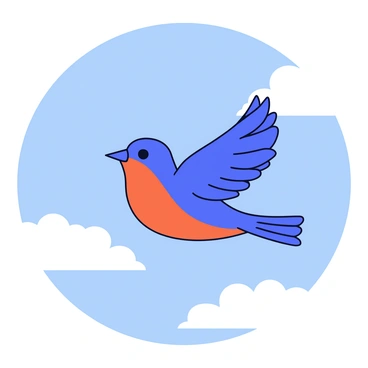 An eastern bluebird in flight, wings spread wide against a bright blue sky