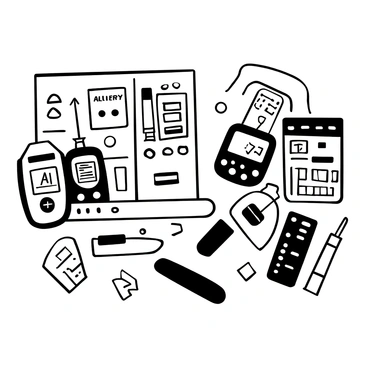 A table covered with multiple diagnostic kits and tools. On the surface, there are several glucose meters positioned next to various allergy test kits. Each kit is neatly arranged, showcasing their packaging and labels. Additional items such as test strips and syringes are scattered across the table, creating a busy and functional medical workspace.