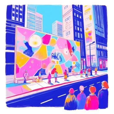 A holographic figure is depicted in the act of painting a vibrant mural on a large virtual wall within a modern cityscape. The figure is semi-transparent, glowing with various colors that reflect the mural's design. The mural features abstract shapes and vivid patterns, showcasing bright hues of blue, pink, and yellow. Skyscrapers and digital billboards surround the scene, creating a sense of depth and urban atmosphere. The street below is filled with onlookers, gazing up in fascination at the dynamic artwork being created.