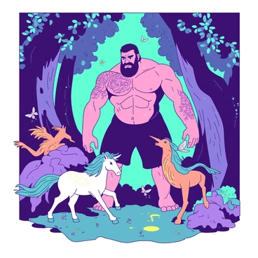 A large mythical Goliath with a muscular build and intricate tattoos is standing in a vibrant enchanted forest. The Goliath is surrounded by various legendary creatures, including a glowing unicorn with a shimmering teal mane and a majestic griffin with feathers in shades of orange and gold. The forest is filled with enormous trees that have luminescent leaves, casting gentle light on the scene. A small fairy with delicate wings flits around the Goliath, leaving a trail of sparkling dust behind. The atmosphere is alive with the sounds of nature, enhancing the interaction between the Goliath and the creatures.