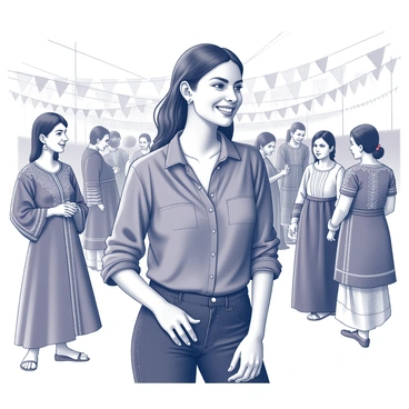 A woman wearing a denim blouse stands confidently at a multicultural festival. She is surrounded by individuals in vibrant traditional attire, showcasing a variety of cultural garments. Some attendees are dressed in ornate dresses with intricate patterns, while others wear colorful tunics and embroidered accessories. The festival atmosphere is lively, with decorations reflecting different cultures and people engaging in conversations and sharing experiences. The woman smiles, enjoying the diversity around her.