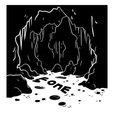 A dark cave interior is filled with mysterious shadows. Stalactites hang from the ceiling and stalagmites rise from the ground, forming eerie letters and words throughout the space. The formations appear jagged and uneven, illuminated by faint, contrasting light that highlights their shapes. The ground is damp and uneven, with small puddles reflecting the darkness above. The overall atmosphere feels ominous and intriguing, drawing the viewer deeper into the cave's secrets.