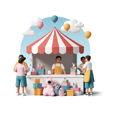 A lively raffle ticket booth with a bright red and white striped canopy. The booth is adorned with colorful balloons in various shapes and sizes, floating above it in a clear blue sky. In front of the booth, there is a display of vibrant prizes, including plush toys, colorful gift baskets, and large stuffed animals, all arranged on a table. People are gathered around the booth, excitedly purchasing tickets and chatting. A friendly vendor, wearing a colorful apron and a big smile, is handing out tickets to eager participants.