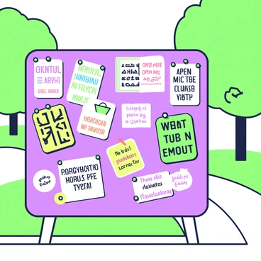 A community board is prominently displayed in a park setting. The board is covered with various flyers and notices. Some flyers are bright, showcasing events like open mic nights and art classes, while others contain messages encouraging free expression and creativity. Stapled to the board are colorful pieces of paper with handwritten quotes and drawings. A few pushpins are scattered around, holding various items in place. The background features green trees and a pathway, suggesting a vibrant community space.