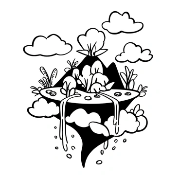 A "magical floating island" suspended in the sky, surrounded by fluffy clouds. The island is covered with "lush vegetation," including various types of trees with thick trunks and large leaves, and vibrant plants cascading over the edges. Numerous "cascading waterfalls" flow from the sides of the island, creating streams of water that fall into the air below. Above, the sky is filled with soft, swirling clouds, creating a mystical atmosphere around the island. The scene captures the tranquil beauty of this enchanting environment.