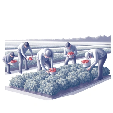 Farmers are working diligently in a field, harvesting ripe strawberries. They are bending over the rows of lush green plants, carefully picking the bright red berries. Some farmers have baskets filled with strawberries while others are reaching down to gather more. The sky above is clear, creating a bright and cheerful atmosphere. The surrounding landscape features additional rows of strawberry plants stretching into the distance, emphasizing the scale of the harvest.
