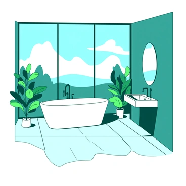A sleek, modern bathroom with a freestanding bathtub and large windows