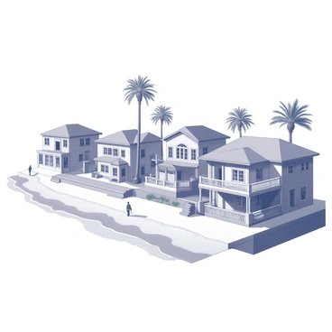 A coastal village featuring a series of houses with distinct architectural styles. Each house presents a unique design, characterized by decorative elements such as multi-paned windows and wooden balconies. The structures have varying roof styles, including gabled and flat roofs. The village is bordered by sandy beaches, with gentle waves lapping at the shore. Palm trees can be seen throughout the area, providing shade and enhancing the tropical atmosphere. The scene captures a sense of lively community life, with people walking along the paths that connect the houses.