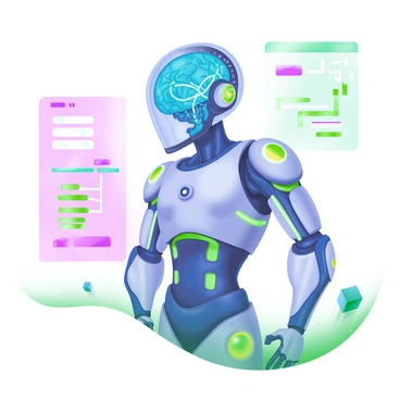 A cyborg character with a visible digital brain
