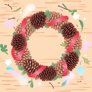 A wooden table is covered with various pine cones arranged in a circular pattern. Red ribbons are artistically wound between the pine cones, creating a festive appearance. Scattered around the table are additional craft materials, such as green leaves and small twigs, adding to the natural theme. The overall composition showcases the wreath in its making stage, capturing the essence of holiday crafting.