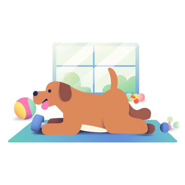 A medium-sized brown dog with floppy ears is lying on a yoga mat, attempting to mimic a human doing a dumbbell pullover. The dog has its front paws stretched out in front, pressing down on a small, blue dumbbell that is nearly the same size as its body. Its hind legs are bent, and it has a focused expression on its face, tongue slightly out. In the background, there is a bright room with a window allowing sunlight to pour in, illuminating the scene. To the side, a colorful exercise ball sits, and there are a few scattered plush toys around the mat. A lighthearted, playful atmosphere surrounds the dog as it engages in this humorous activity.