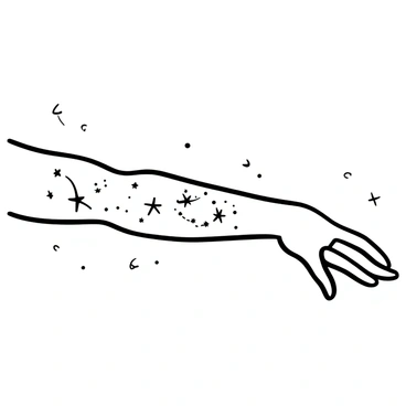 An arm extended forward showcases a tattoo design featuring a detailed star constellation. The constellation is made up of interconnected stars, each represented by intricate dots and lines, forming recognizable shapes in the night sky. Surrounding the arm is a subtle texture of skin, highlighting the contrast between the tattoo and the natural surface. The overall composition emphasizes the elegant flow of the arm and the artistic intricacies of the tattoo design.