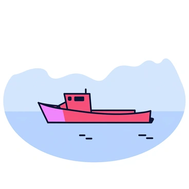 A ferry boat gently crossing a river. The boat is painted in a bright red color with a simple design, featuring a small cabin and open deck. Surrounding the river is a thick layer of early morning mist that obscures the far banks. The water appears calm, with soft ripples caused by the movement of the boat. The atmosphere is quiet, with muted colors reflecting the foggy conditions.