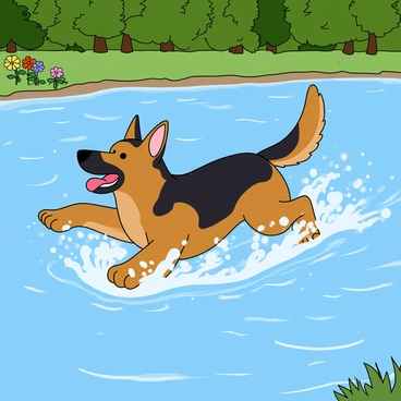 A German shepherd with a shiny black and tan coat is energetically swimming in a clear blue lake. The dog's ears are perked up, and its tongue is out, showcasing its enthusiasm as it splashes through the water. The lake is surrounded by lush green trees, and sunlight reflects off the water's surface, creating a shimmering effect. The dog’s strong legs are propelling it forward, sending droplets flying in all directions. In the background, a few colorful wildflowers peek through the grass at the water's edge, adding vibrant pops of color to the scene.
