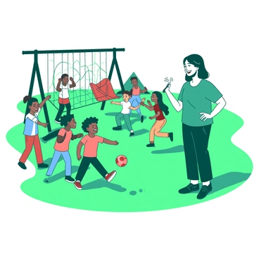 A teal teacher is standing on a green playground while watching students play a new game. The teacher is holding a whistle in one hand and has a cheerful expression on their face. Surrounding the teacher, several students of diverse backgrounds are actively engaged in the game, laughing and running around. Some students are forming teams, while others are discussing strategies. In the background, there are colorful playground equipment like swings and slides, contributing to the lively atmosphere.