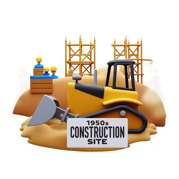 An old-fashioned bulldozer with a yellow and black color scheme is actively pushing dirt and debris. The bulldozer features a large, steel blade at the front. In the background, a 1950s construction site is visible, with vintage scaffolding and hard hats worn by workers. There are wooden beams stacked up and a partially built structure emerging from the ground. Dust is being kicked up around the machinery as it moves, creating a sense of activity and progress on the site. "1950s construction site" is prominently displayed on a sign in the foreground.