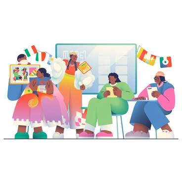 Students from around the world sharing their customs in a classroom setting.