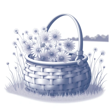 A wicker basket is placed on the ground, filled with a variety of freshly picked flowers. The basket is round with a curved handle, and the flowers are an assortment of shapes and sizes. Surrounding the basket, the field is filled with tall grass and wildflowers swaying gently in the breeze. The sunlight casts soft shadows on the ground, highlighting the texture of the basket and the vibrant petals of the flowers. In the background, the field extends towards a distant tree line.