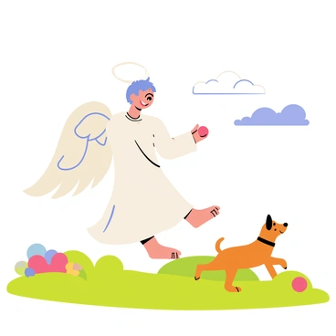 An angel with white feathered wings is playing fetch with a small brown dog in a sunny park. The angel has a gentle smile and is wearing a flowing white robe. The small dog has a wagging tail and is enthusiastically chasing after a bright red ball. Lush green grass covers the park, and colorful flowers bloom nearby. A few fluffy white clouds drift across the blue sky, casting soft shadows on the ground. The scene is lively, filled with the joy of a warm day.