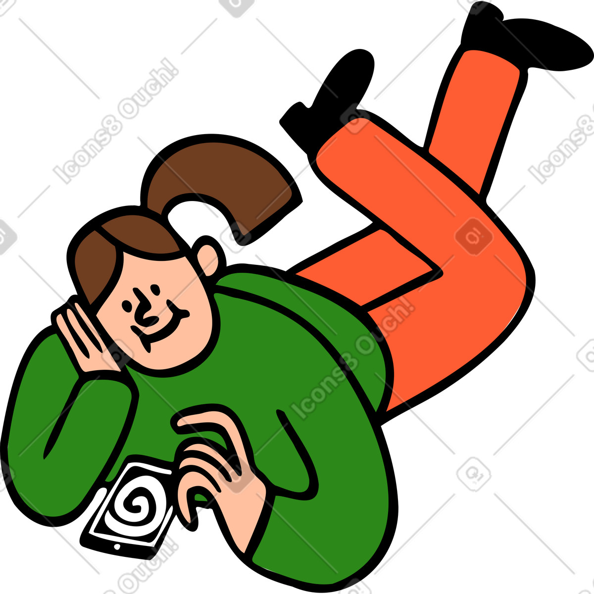 Young woman laying down and scrolling on a phone illustration in Comic style download in PNG, SVG